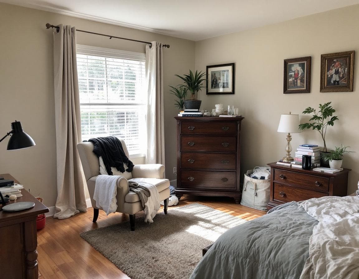 Bedroom with clothes on a chair and books on the nightstand