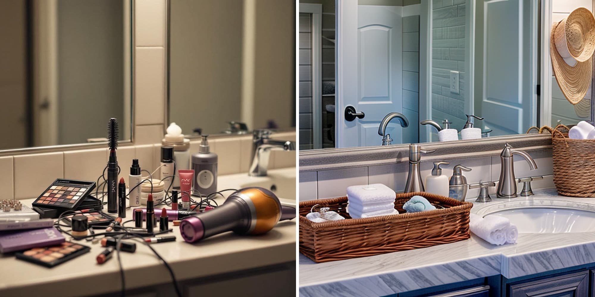 Before and after AI transformation of a messy bathroom vanity into an organized coastal-style counter with beachy vibes