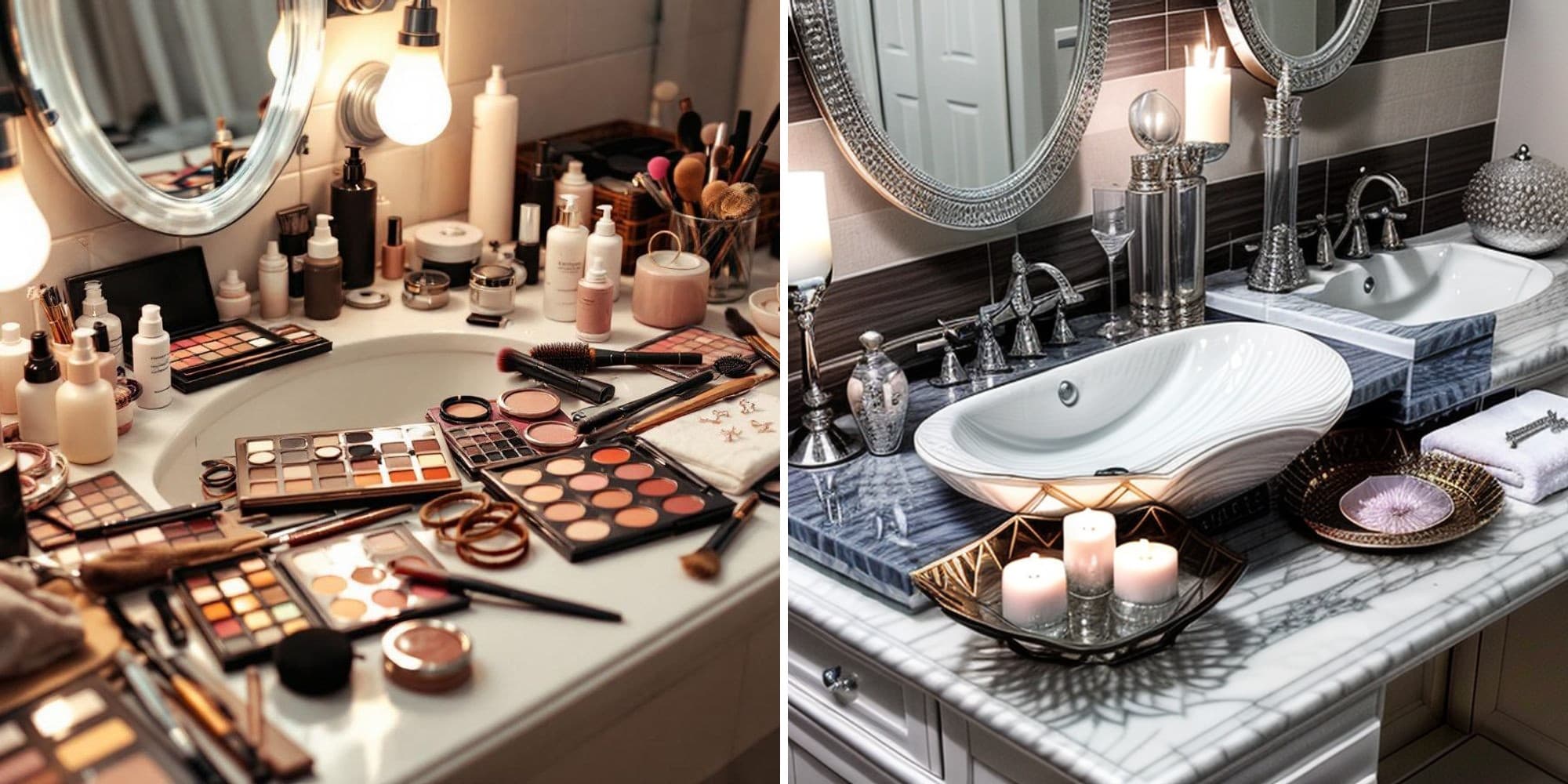 Before and after AI transformation of a cluttered bathroom counter into a zen Japandi-style organized vanity space