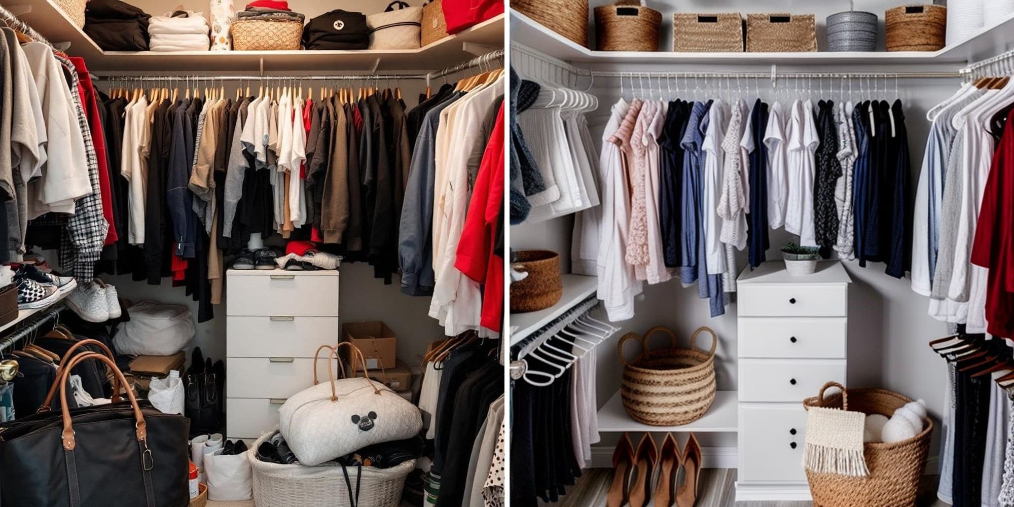 Before and after AI transformation of a messy closet into a serene Japandi-style organized wardrobe with natural wood tones