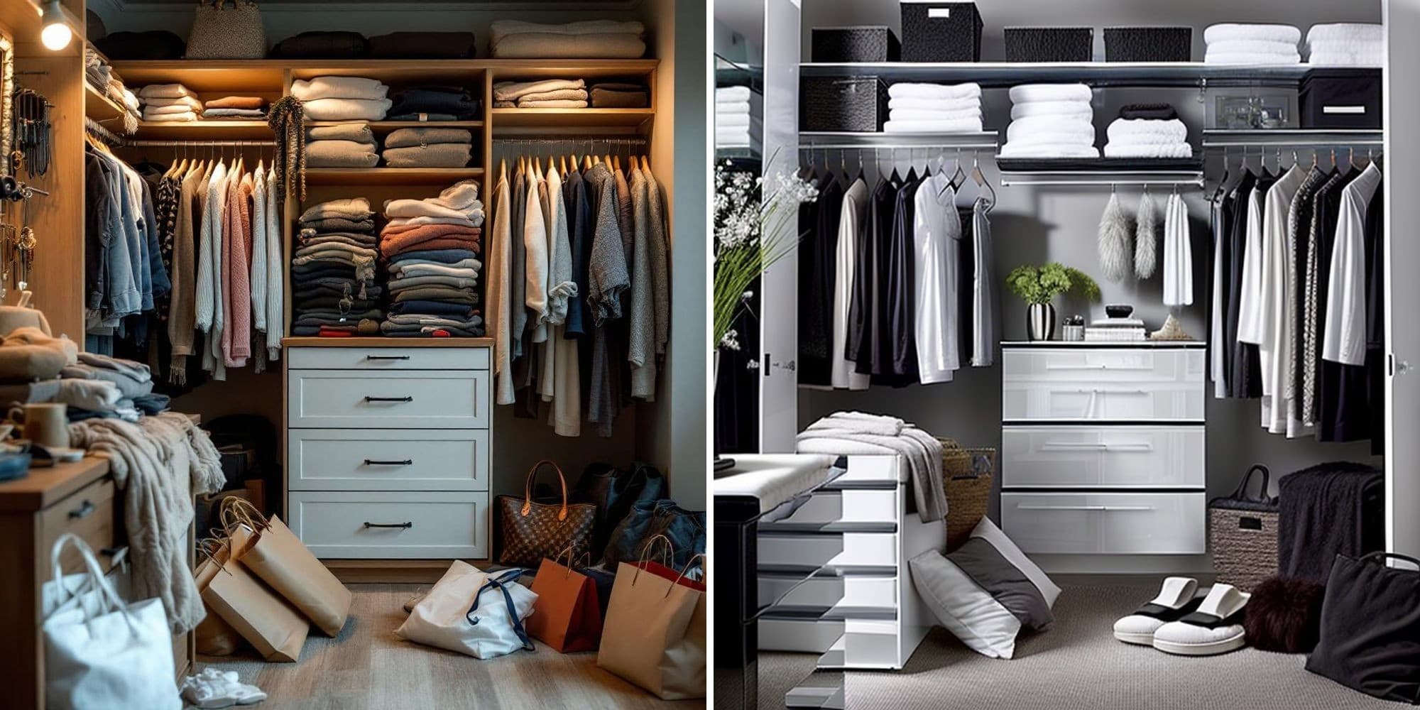 Before and after AI transformation of a cluttered walk-in closet into a sleek modern organized space with clean lines and minimalist storage