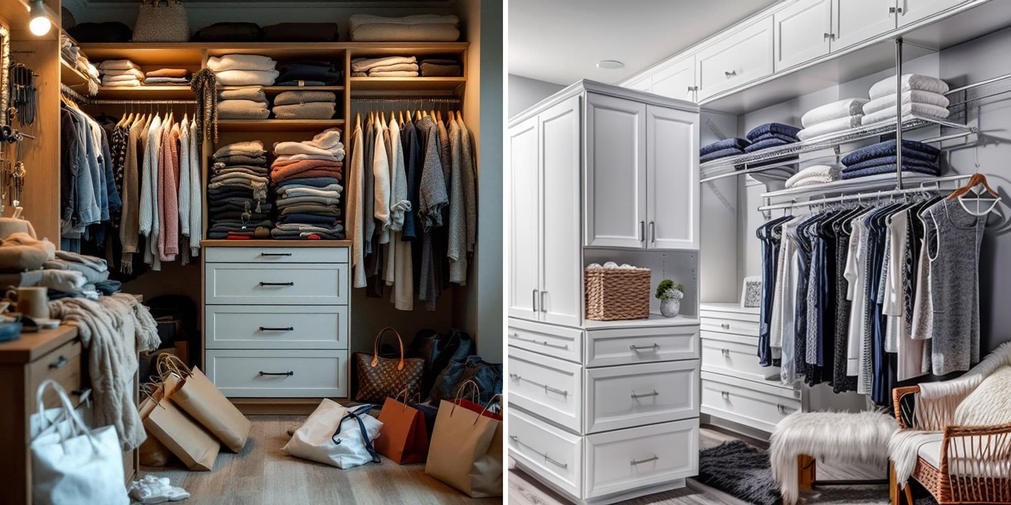 Before and after AI transformation of a disorganized closet into a bright Scandinavian-style wardrobe with white tones and functional storage