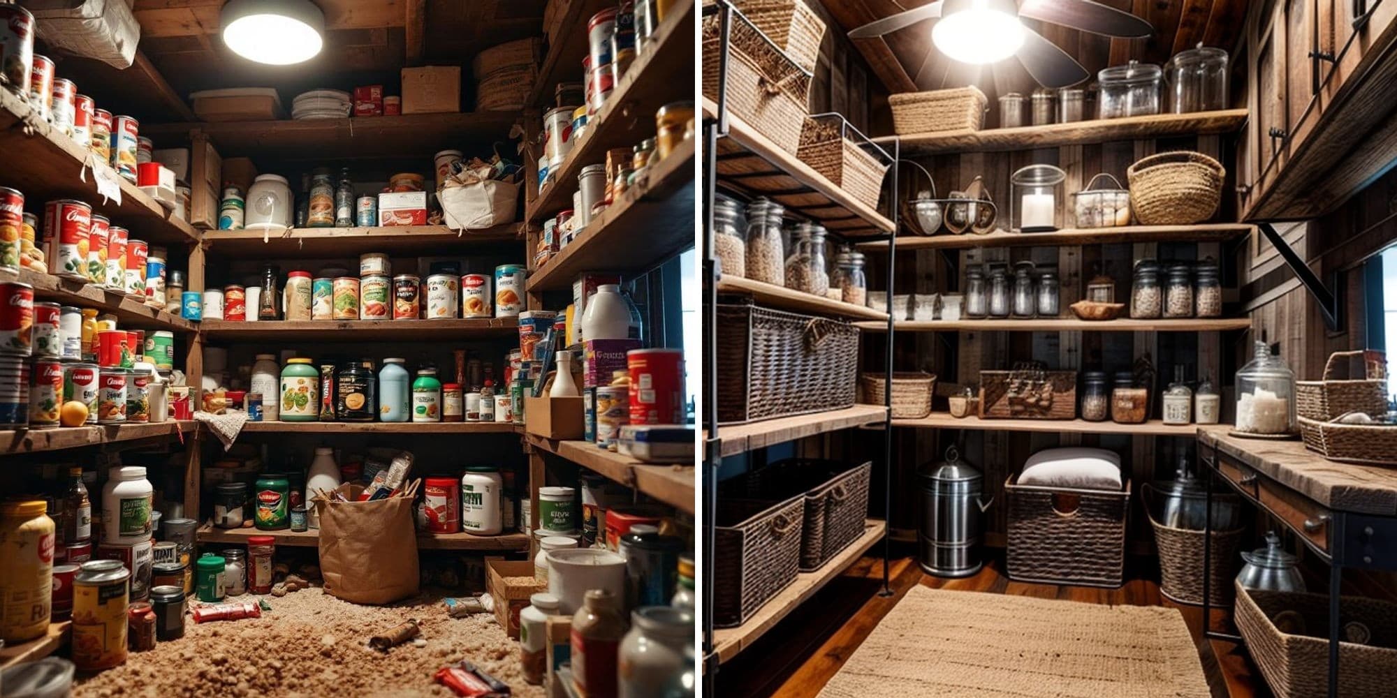 Before and after AI transformation of a disorganized kitchen pantry into a charming farmhouse-style organized storage space