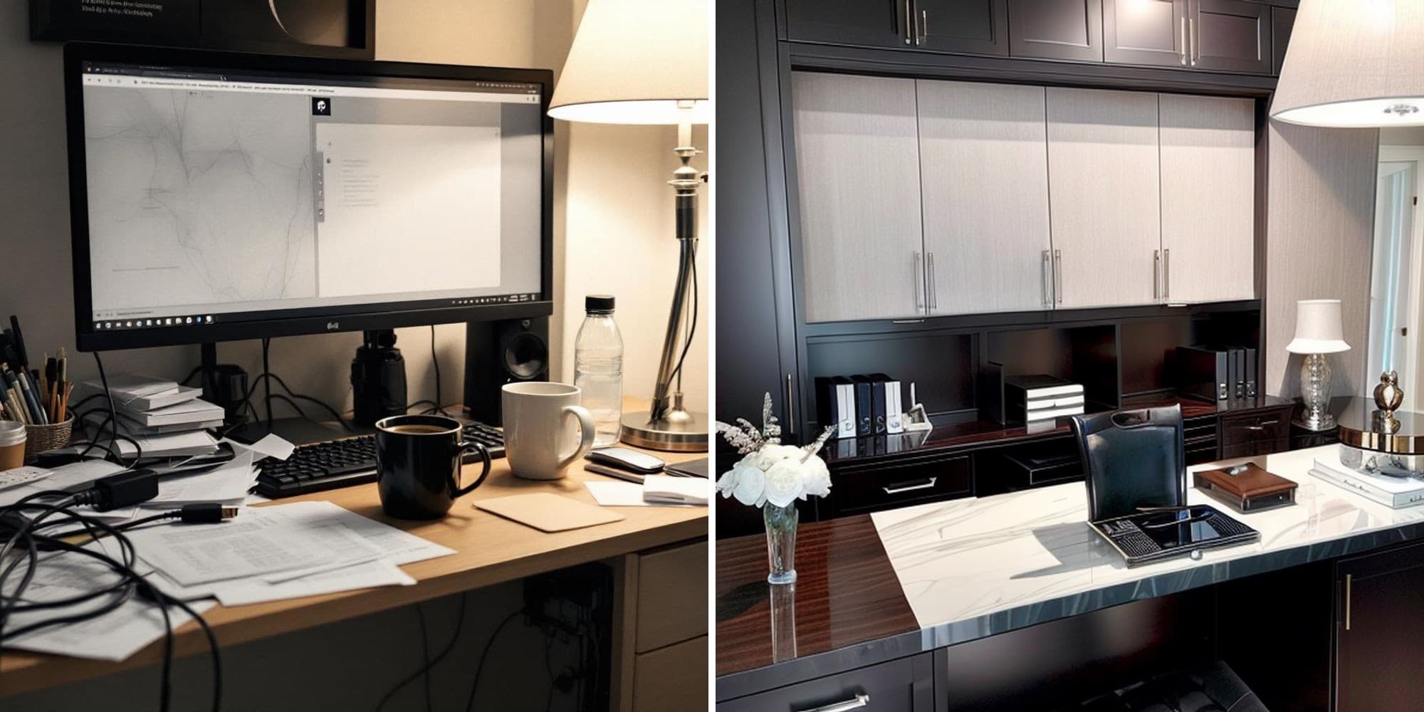 Before and after AI transformation of a messy home office into an elegant quiet luxury workspace with premium finishes