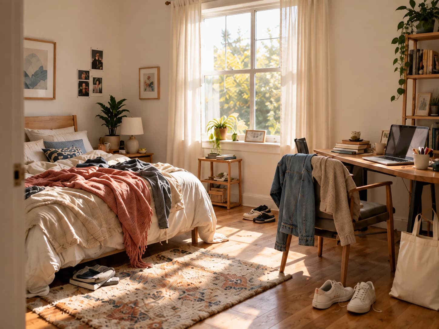 Original bedroom with clothes and books to organize