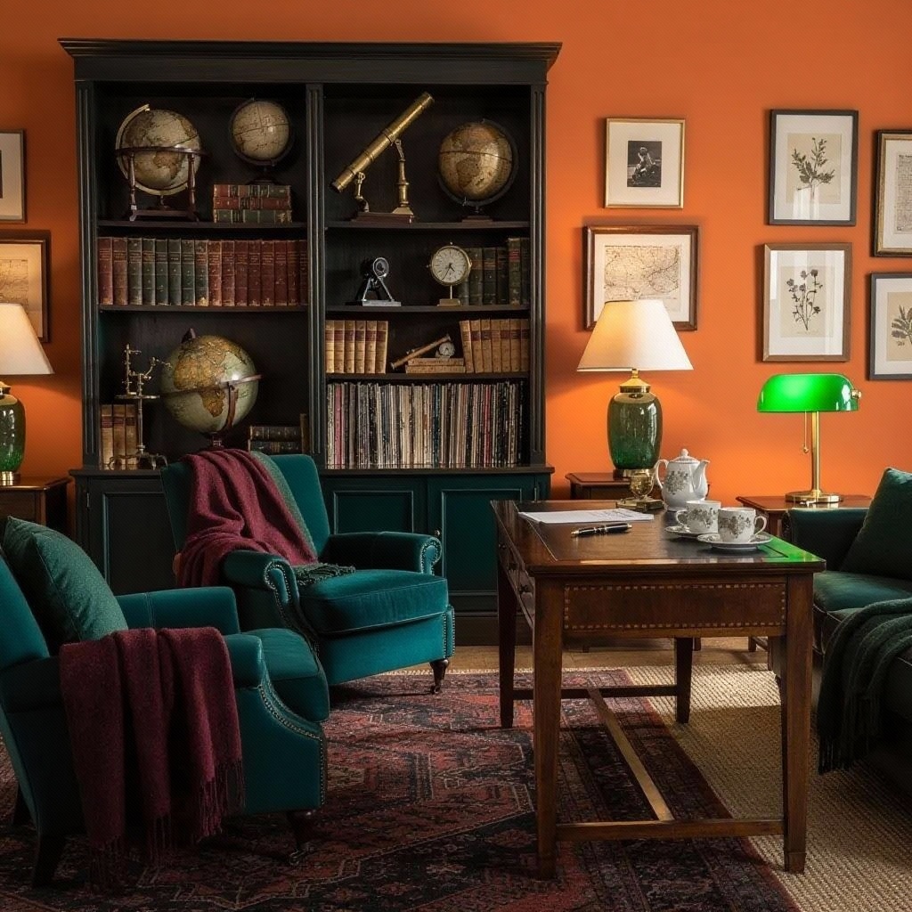 Contemporary transformation: Rust orange walls with deep teal furniture create a bold, jewel-box effect