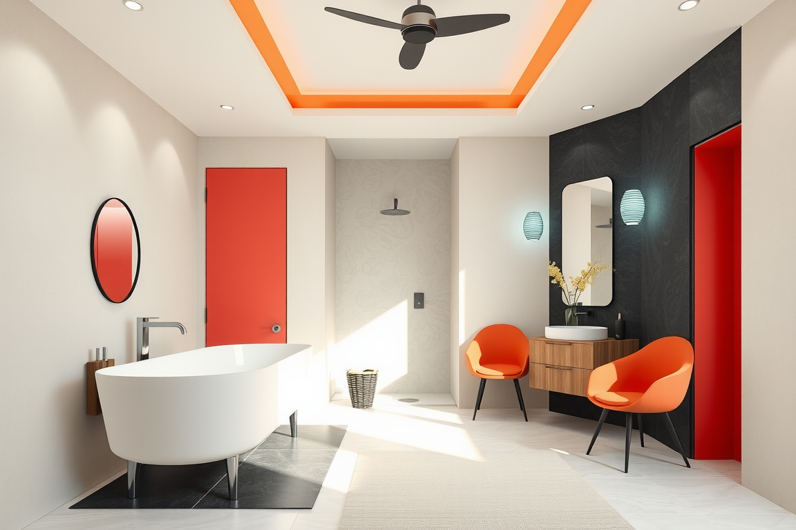 Cream and black bathroom with coral doors, coral ceiling detail, orange chairs, freestanding tub, and wood vanity