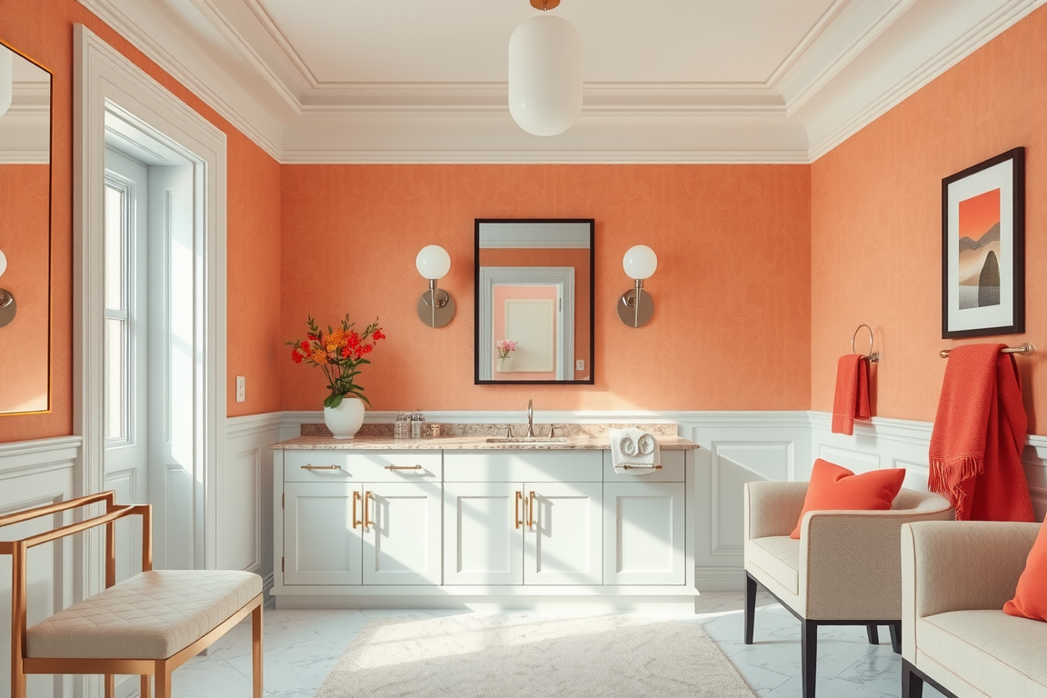 Coral-wall bathroom with pale mint-white vanity, white wainscoting, globe sconces, cream seating, and warm brass details