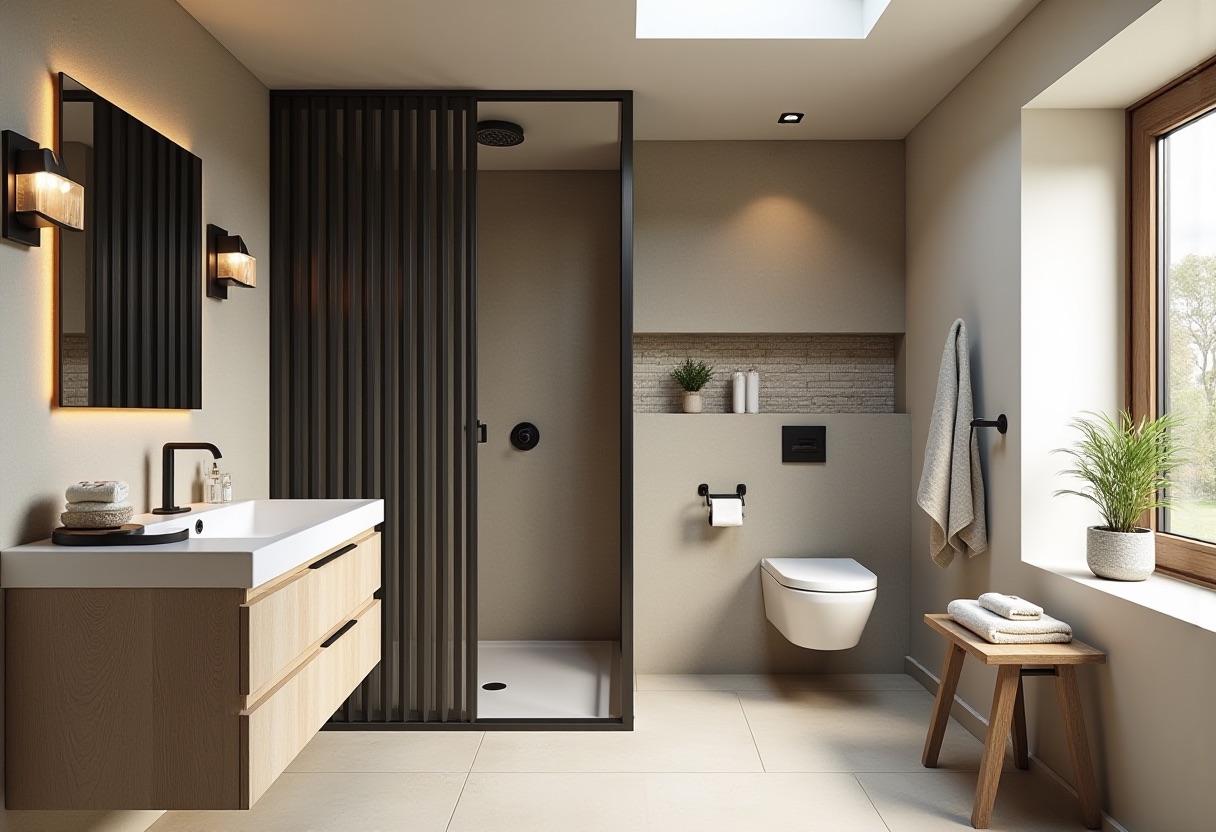 A contemporary bathroom with a black-olive slatted shower screen, warm khaki walls, a pale beech floating vanity, and a skylight