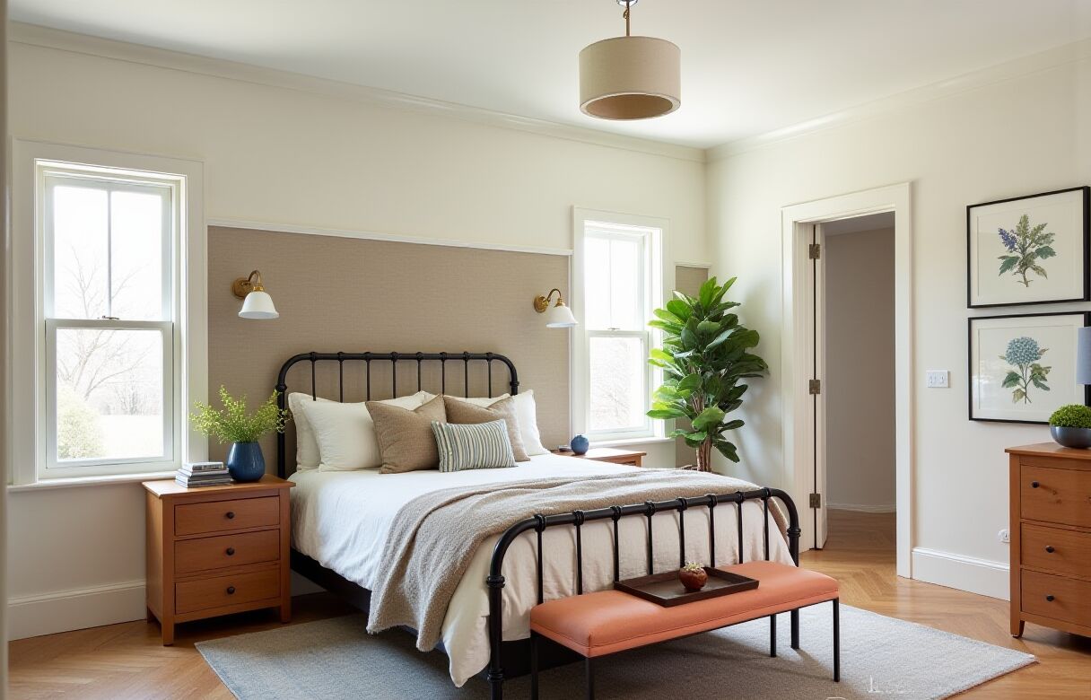 A primary bedroom with cream walls, a khaki grasscloth panel behind a black metal campaign bed, a persimmon bench at the foot, blue vases and a blue lamp, and beech nightstands