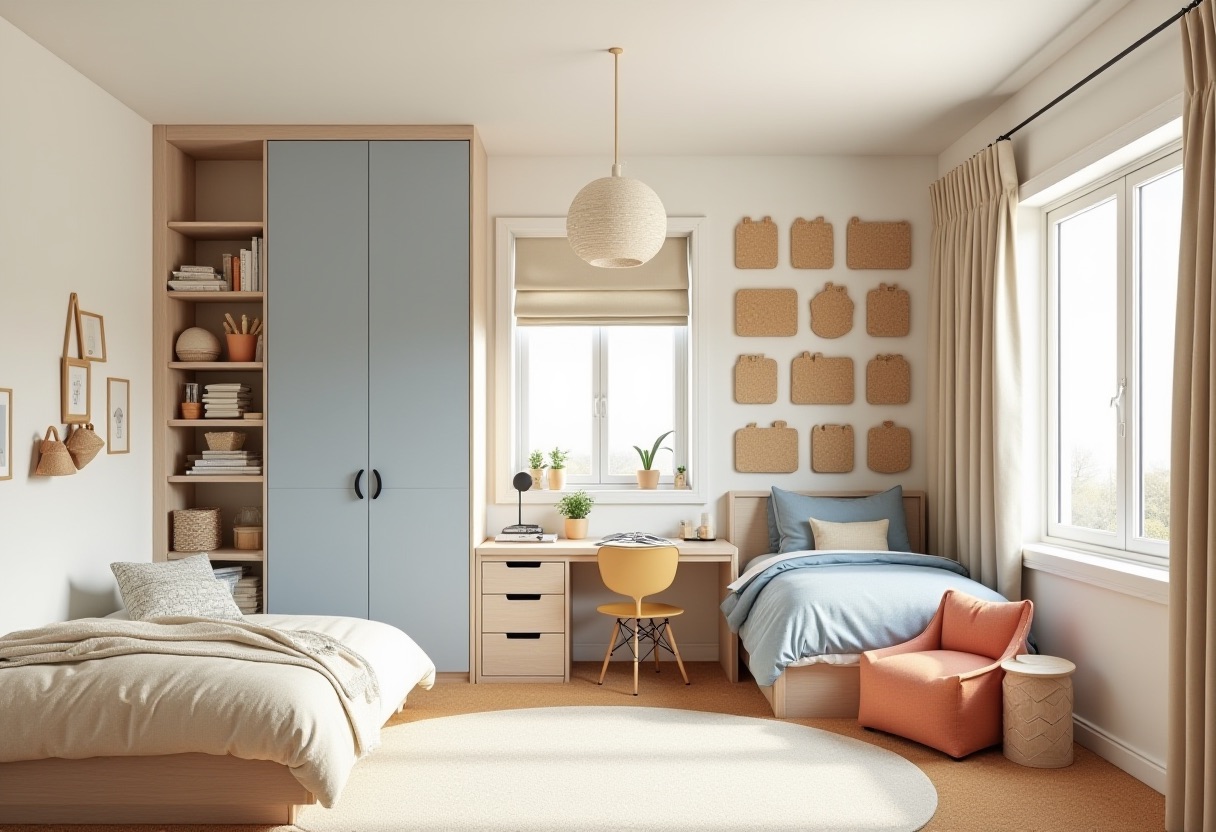 A school-age child's room with cornflower-blue low bookcases and wardrobe, cream walls, a beech bed, a persimmon seat, and a tidy homework desk