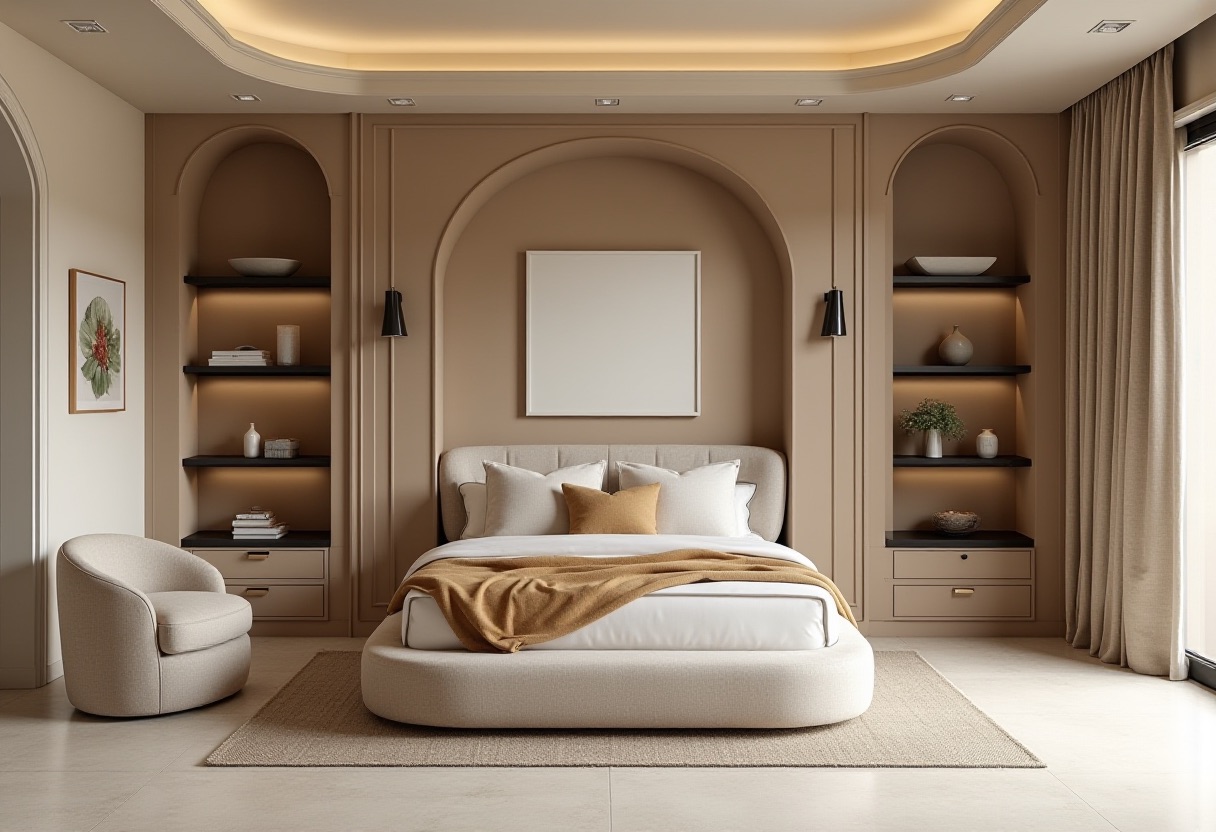 A serene curved bedroom with warm khaki lime-plaster walls, arched display niches, a low cream bed, a caramel throw, and a cream lounge chair