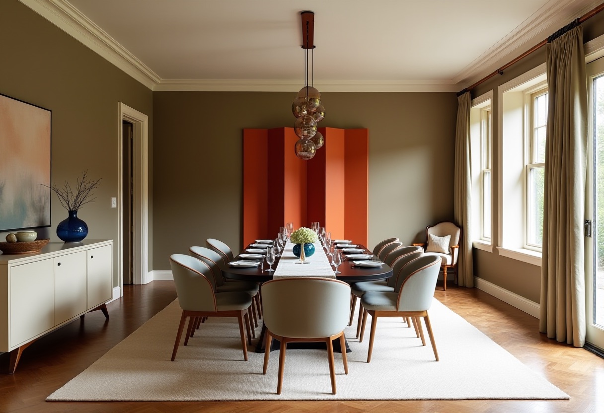 A long gallery-style dining room with olive-green walls, a persimmon lacquer folding screen, a black oval table, soft gray chairs, and a blue glass vase on a white sideboard