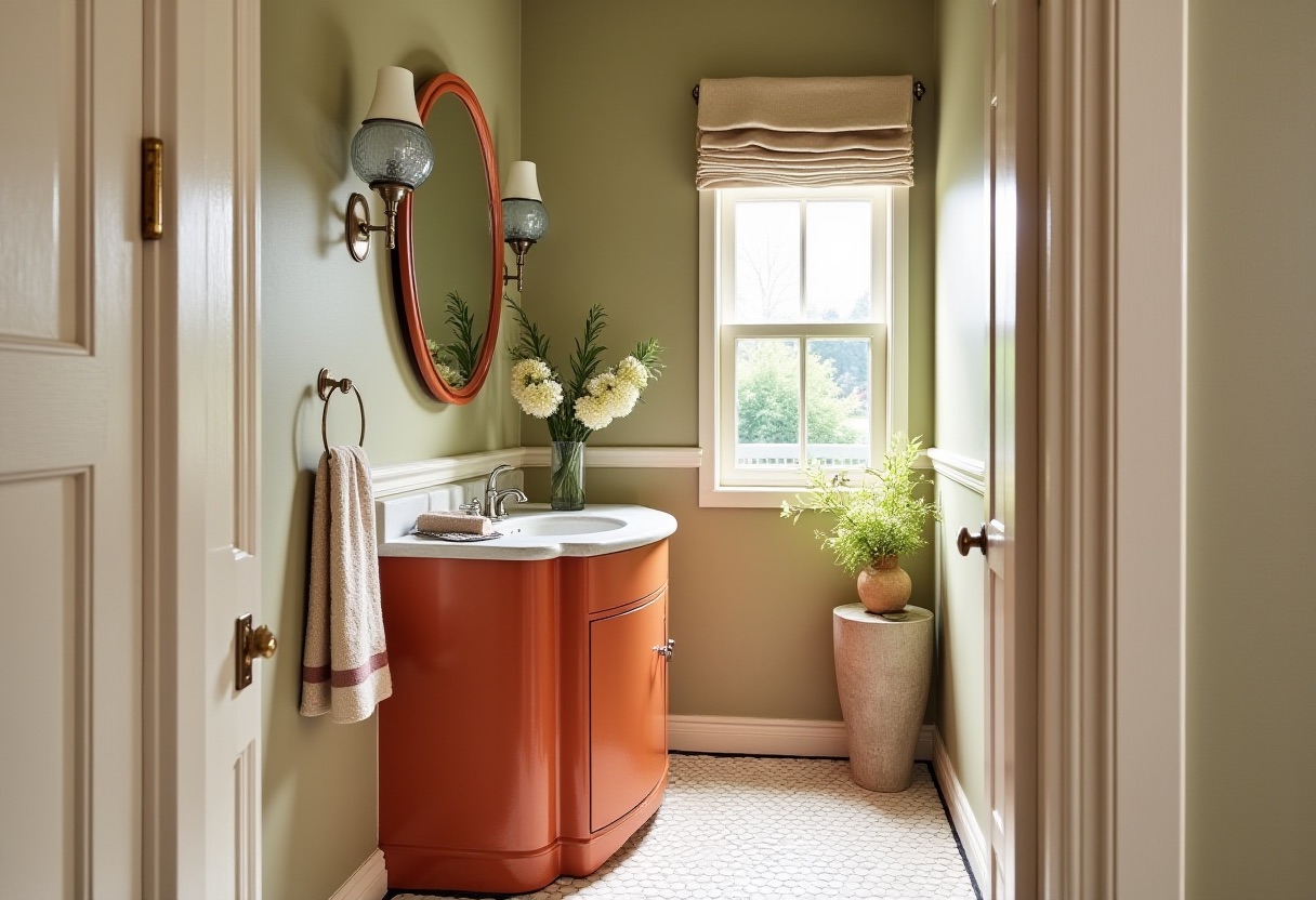 A small powder room with a rounded persimmon-lacquer vanity, olive-sage walls, cream wainscoting, and an oval mirror