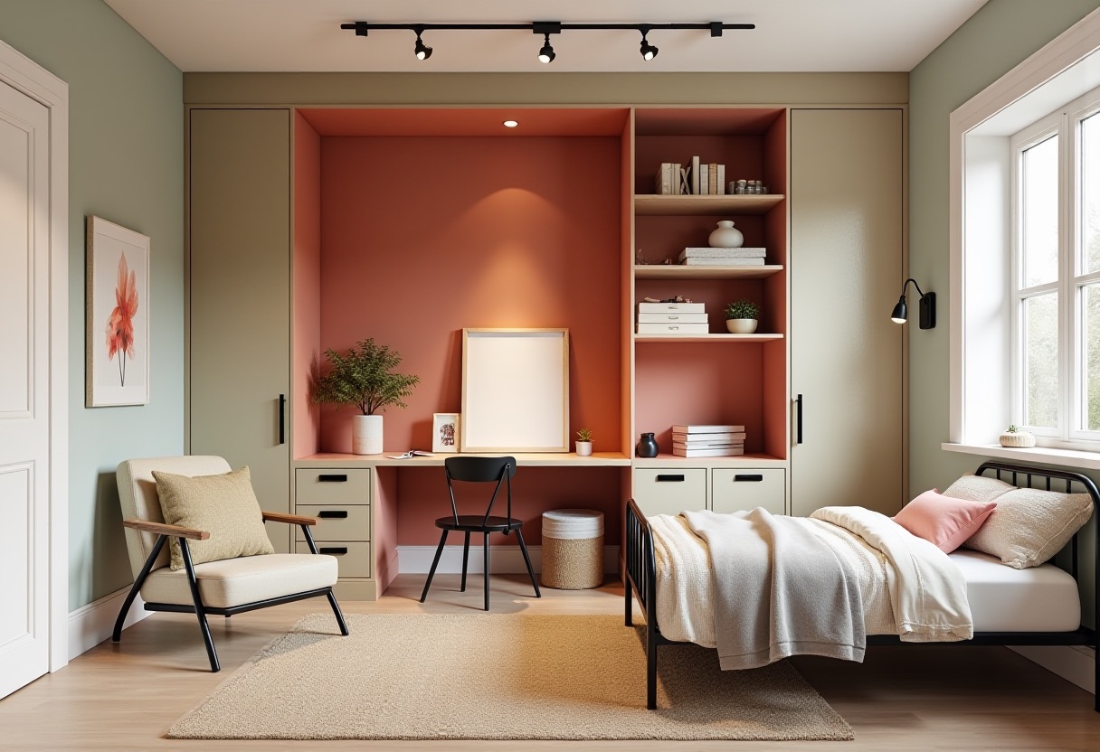 A mature teen bedroom with soft sage-green walls, a built-in persimmon art-desk niche, a black-olive metal bed, and a tidy desk
