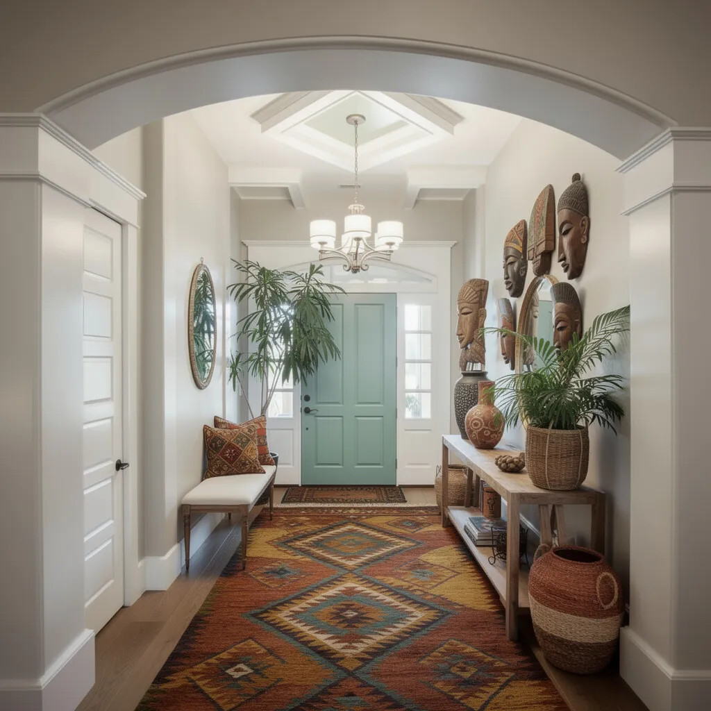 Afrohemian entryway with African masks, kilim rug, and tropical plants
