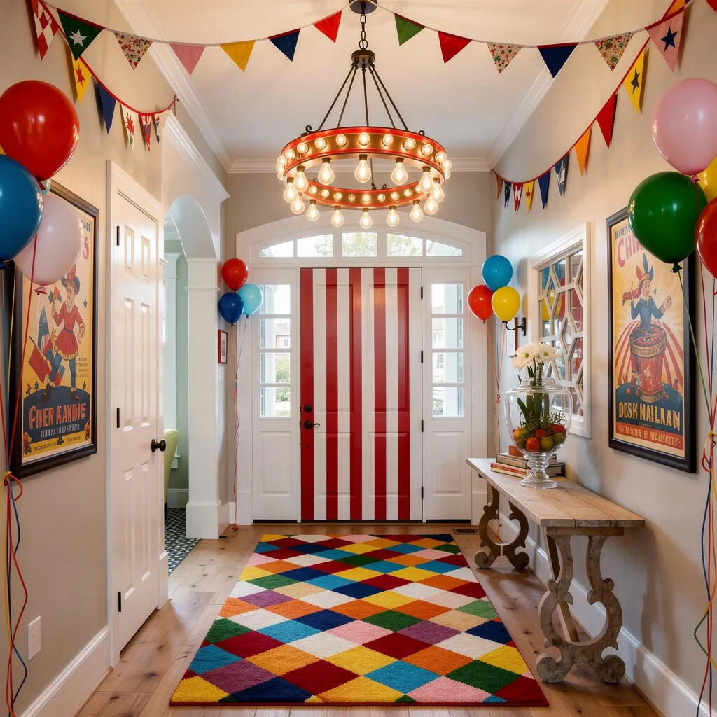 Circus-inspired entryway with striped door, bunting, and harlequin rug — the FunHaus trend