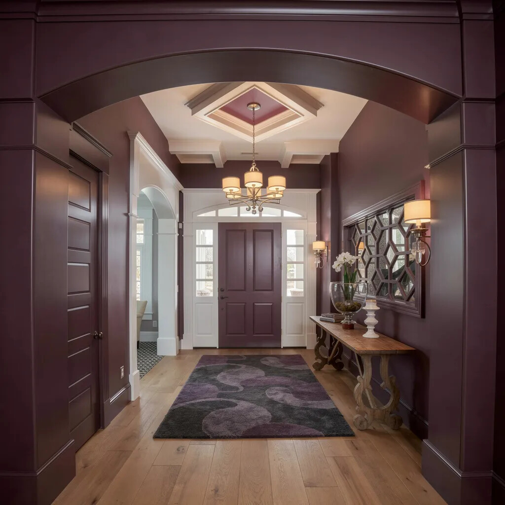 Deep plum walls and ceiling create a dramatic moody entryway — the Plum Noir trend