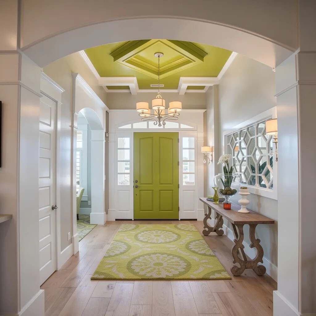 Entryway transformed with chartreuse green door, patterned ceiling, and medallion rug — the Wasabi trend