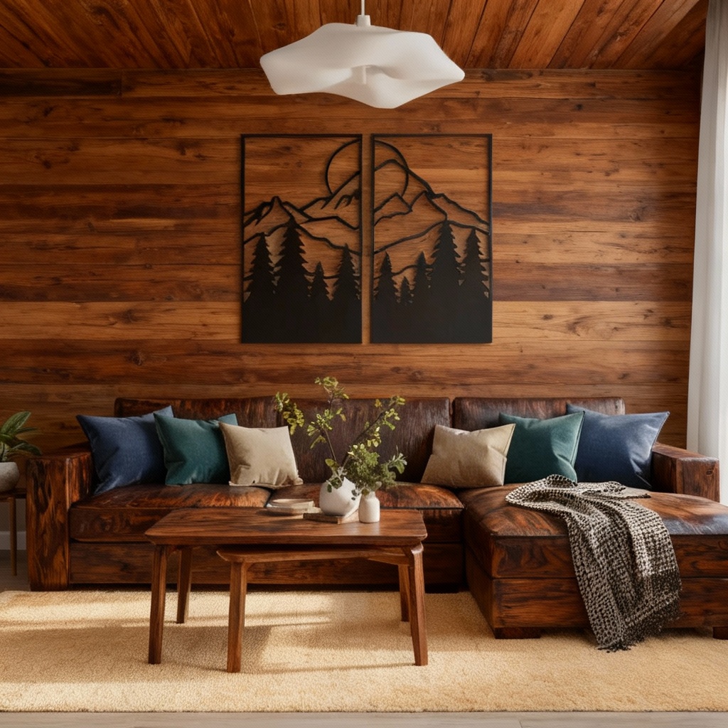 The after: A cozy cabin retreat with reclaimed oak walls, ceiling, and dark wood furniture