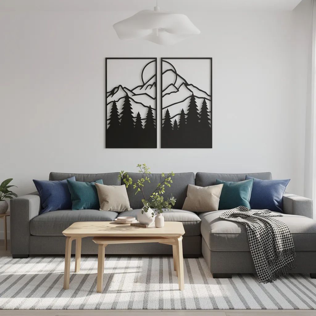 The before: A bright, modern living room with white walls and gray sectional sofa