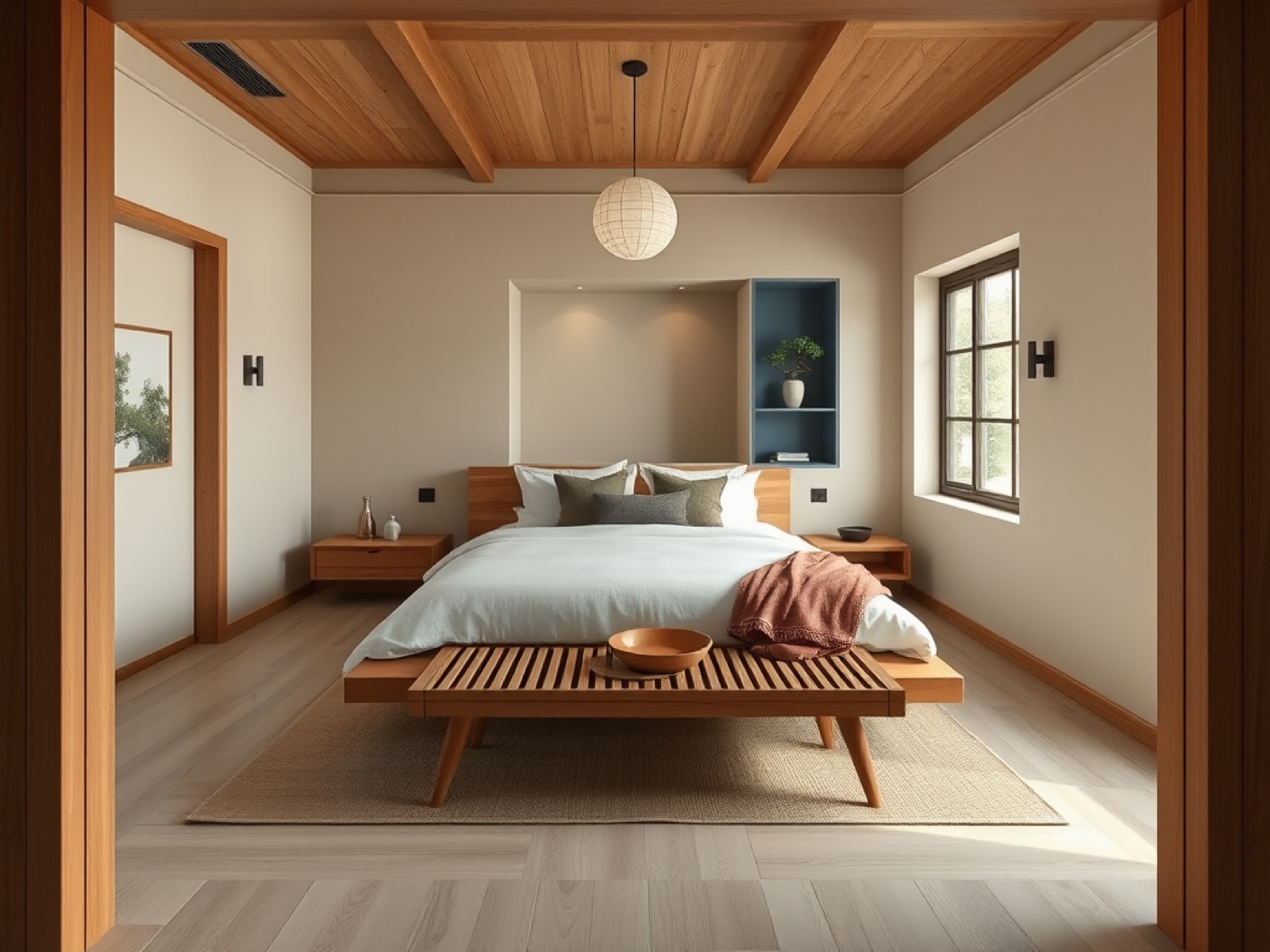 Eucalyptus Japandi bedroom with calm muted green walls