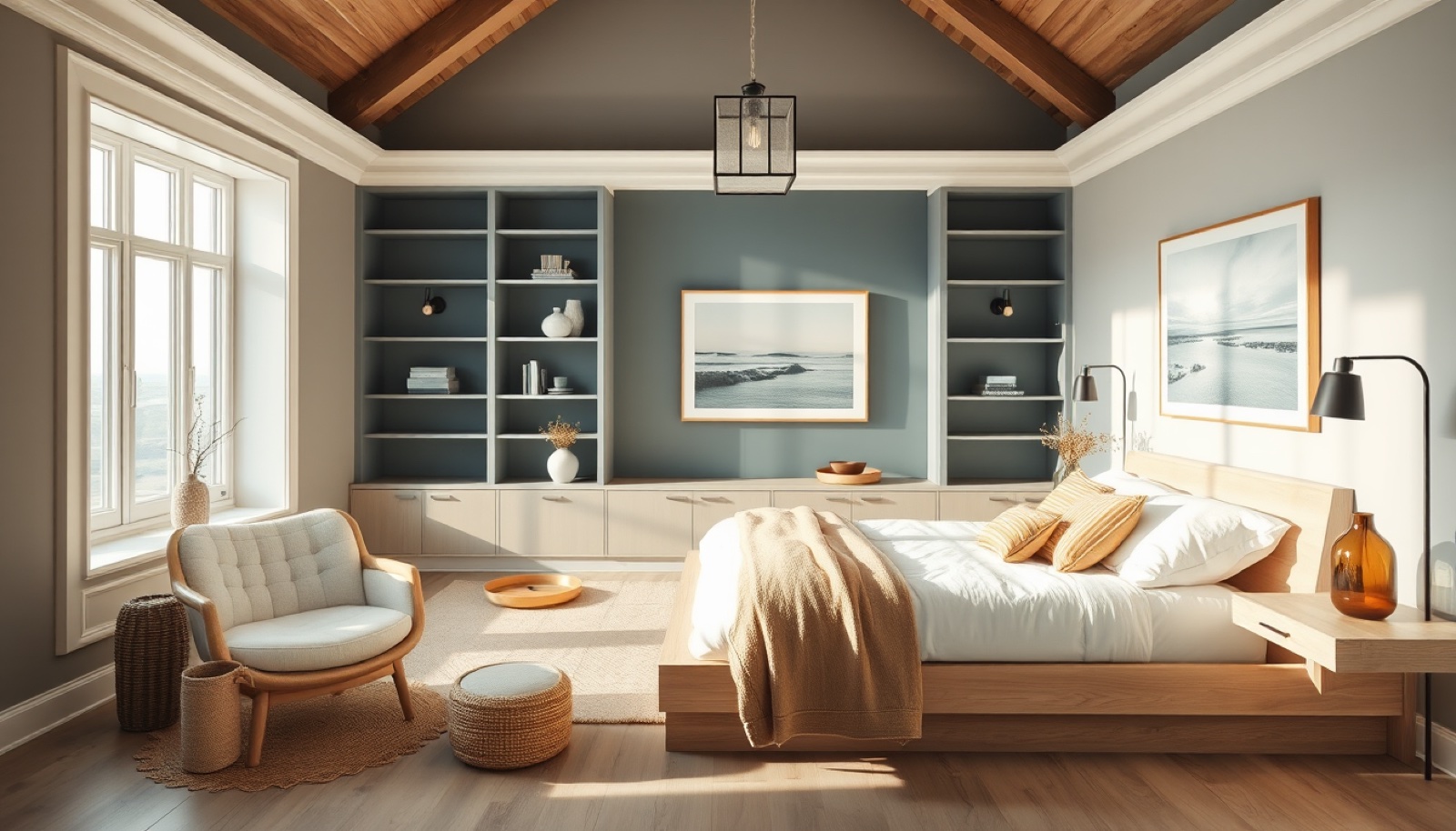 Patina coastal atelier bedroom with aged blue-green millwork