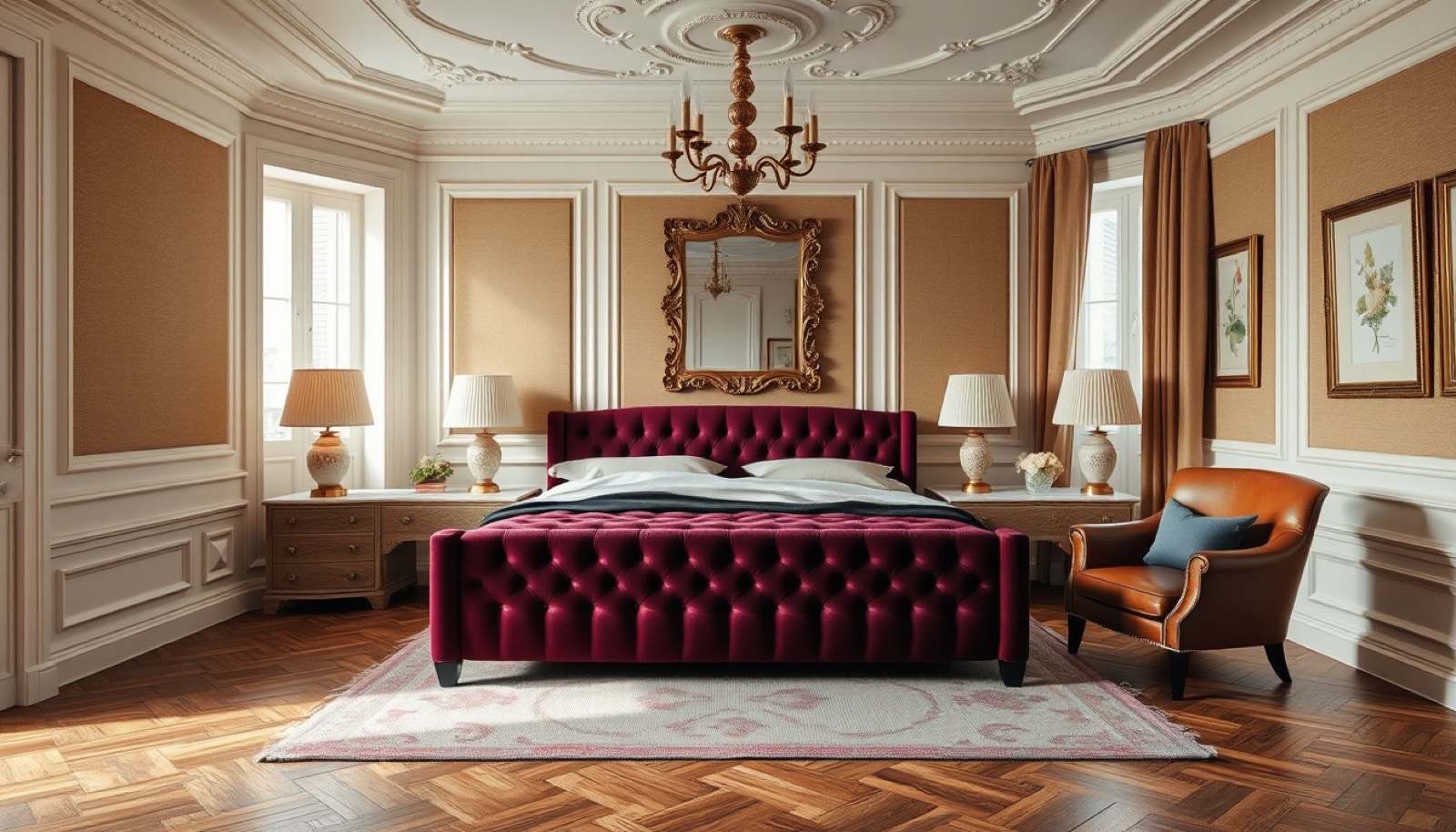 Damson Parisian bedroom with khaki walls and smoky plum accent