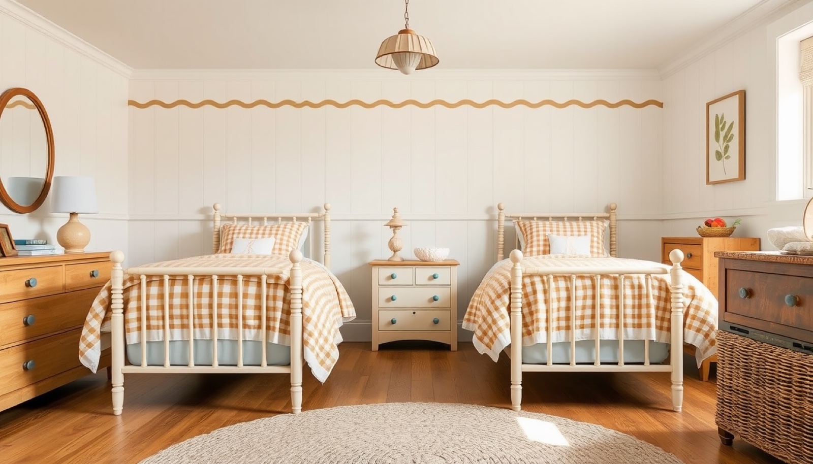 Ochre kids' room with twin beds and warm clay tones