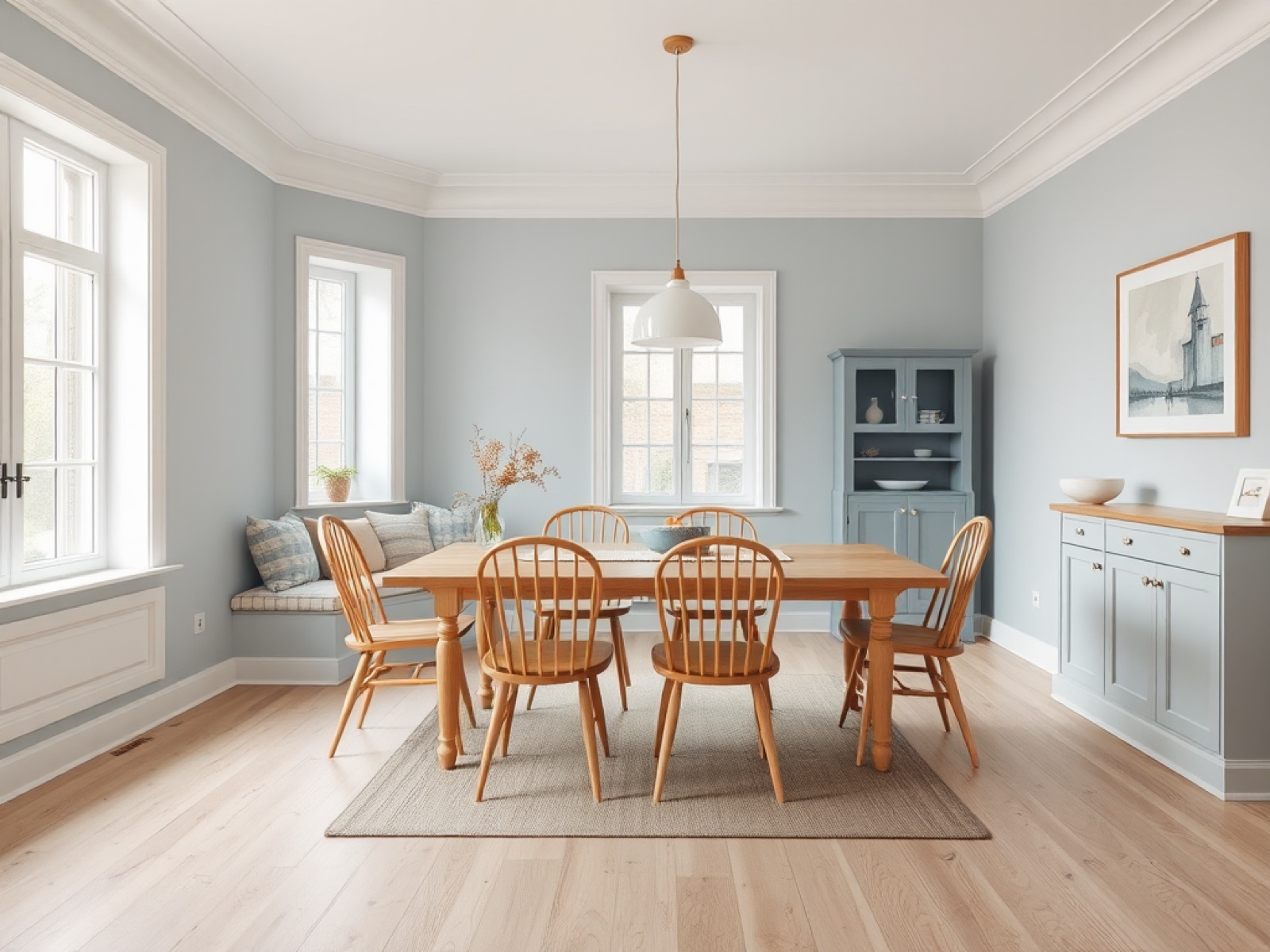 Celery Scandinavian breakfast dining with yellow-green walls and Watery Blue hutch