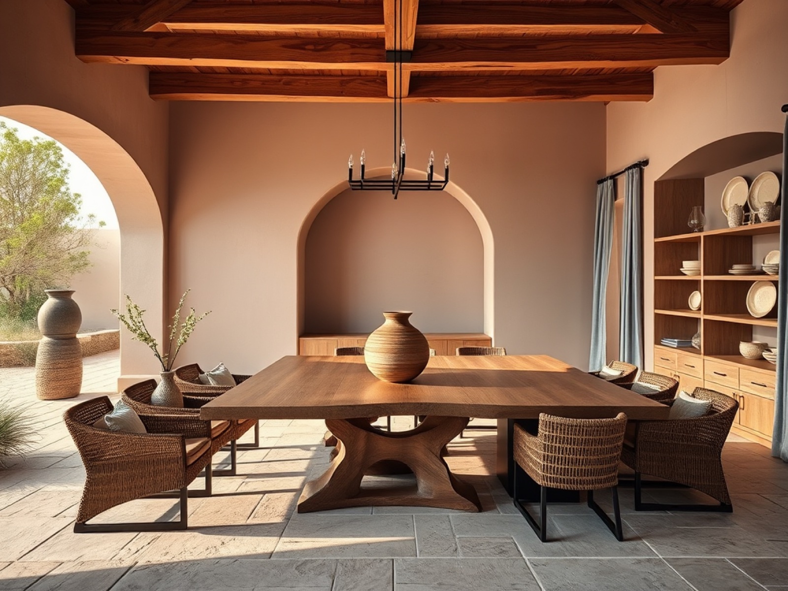 Lavender desert modern dining hall with arched plaster niche
