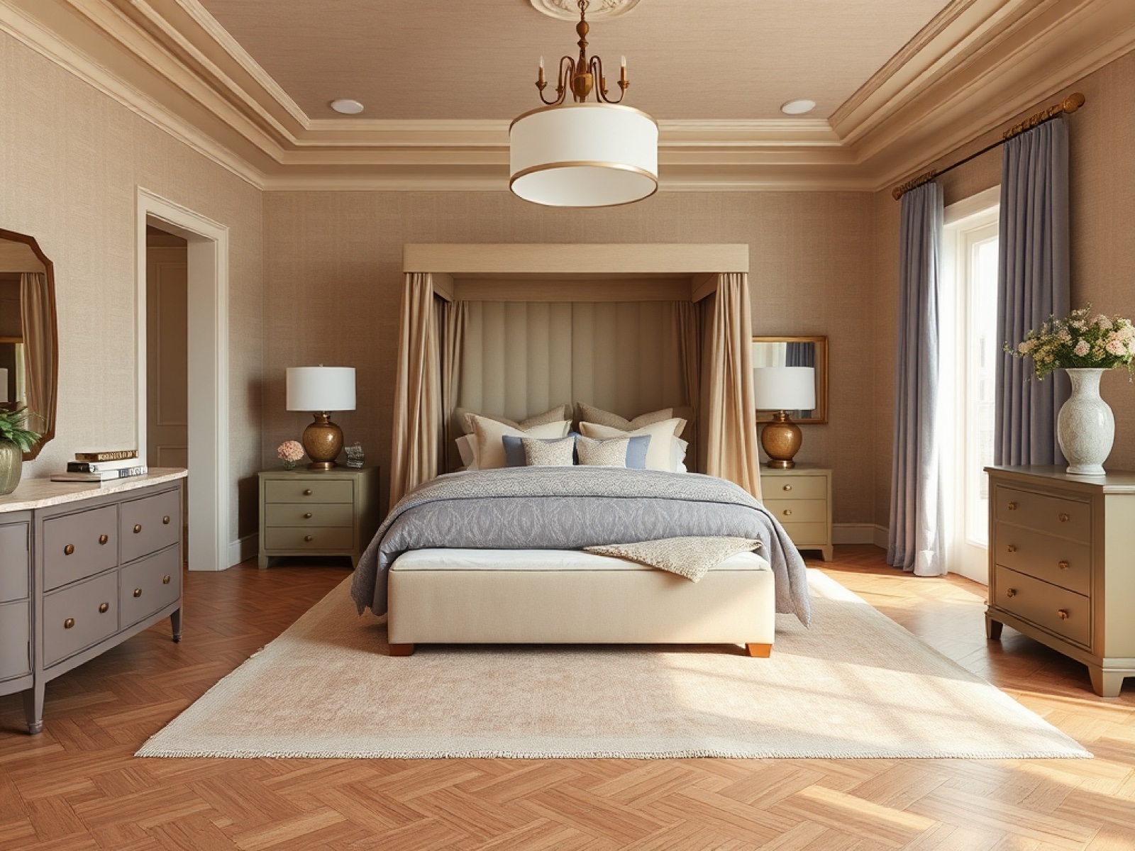 Warm Mahogany canopy bedroom with khaki grasscloth walls