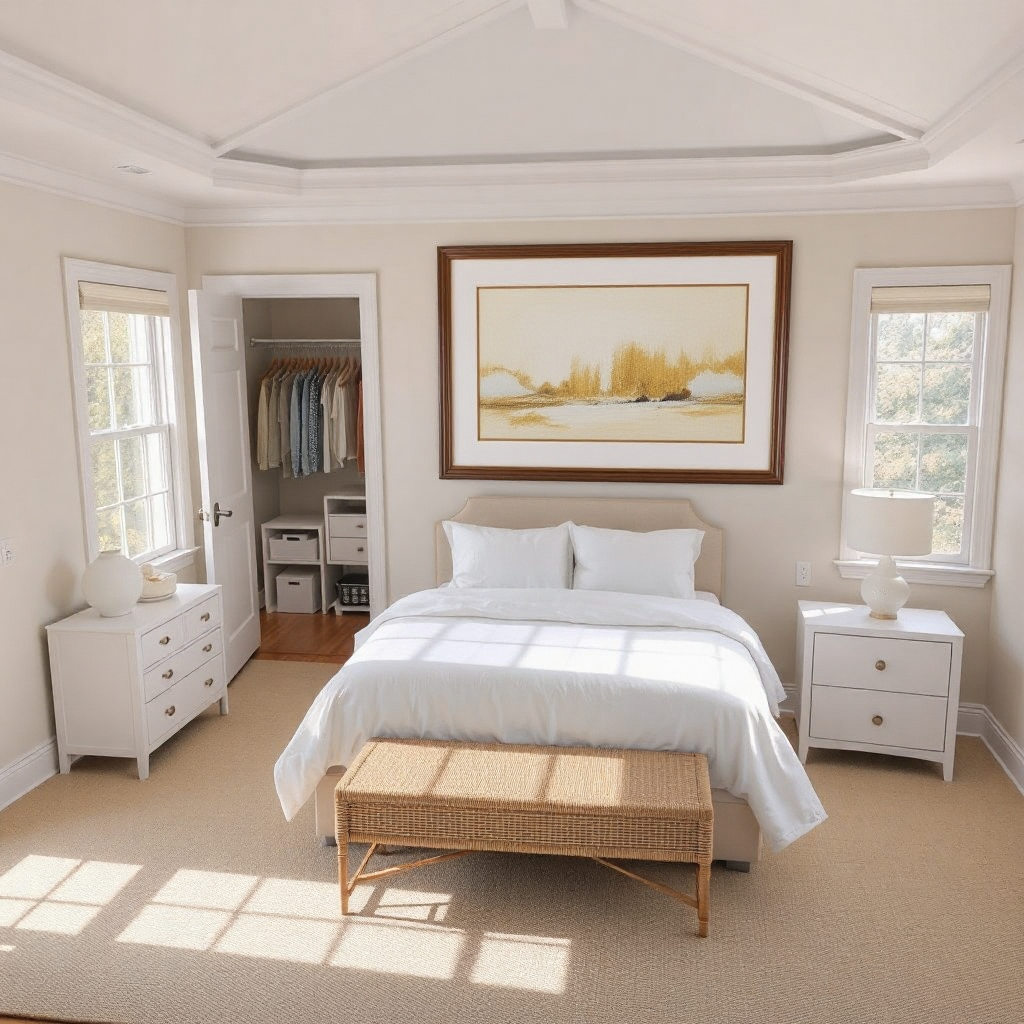 A serene bedroom sanctuary with crisp white bedding and abstract artwork