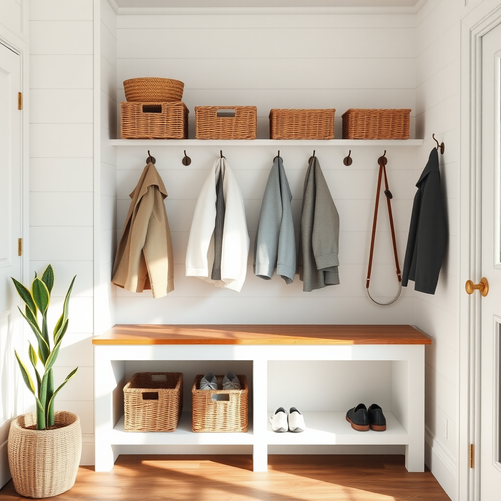 A Scandinavian mudroom with white shiplap and woven baskets