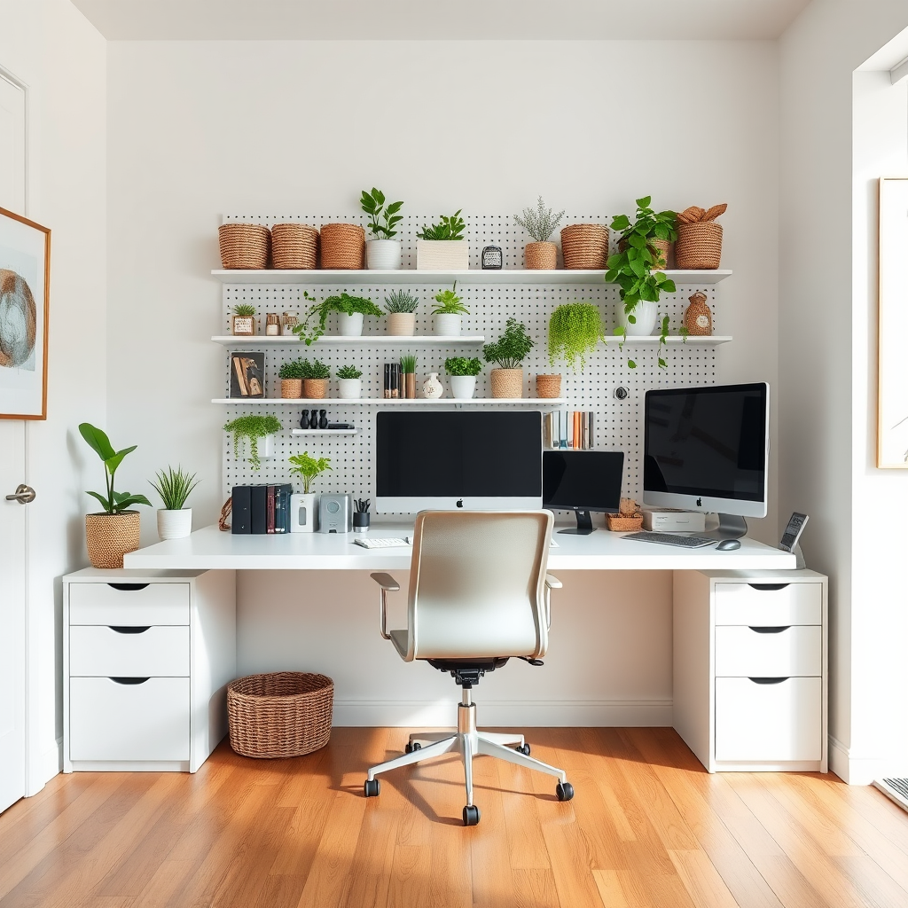 A minimalist home office with pegboard organization and plants
