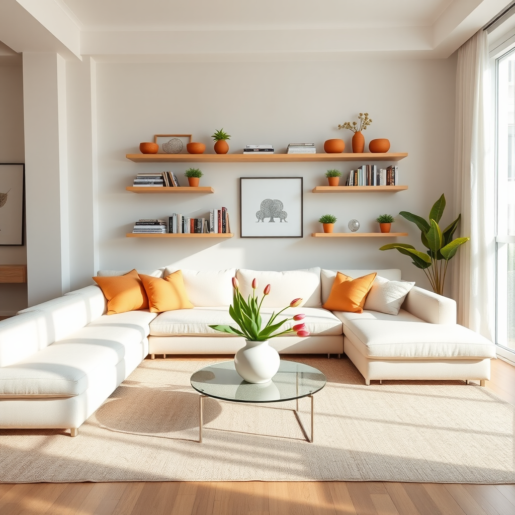 A warm minimalist living room with cream sofa and terracotta accents