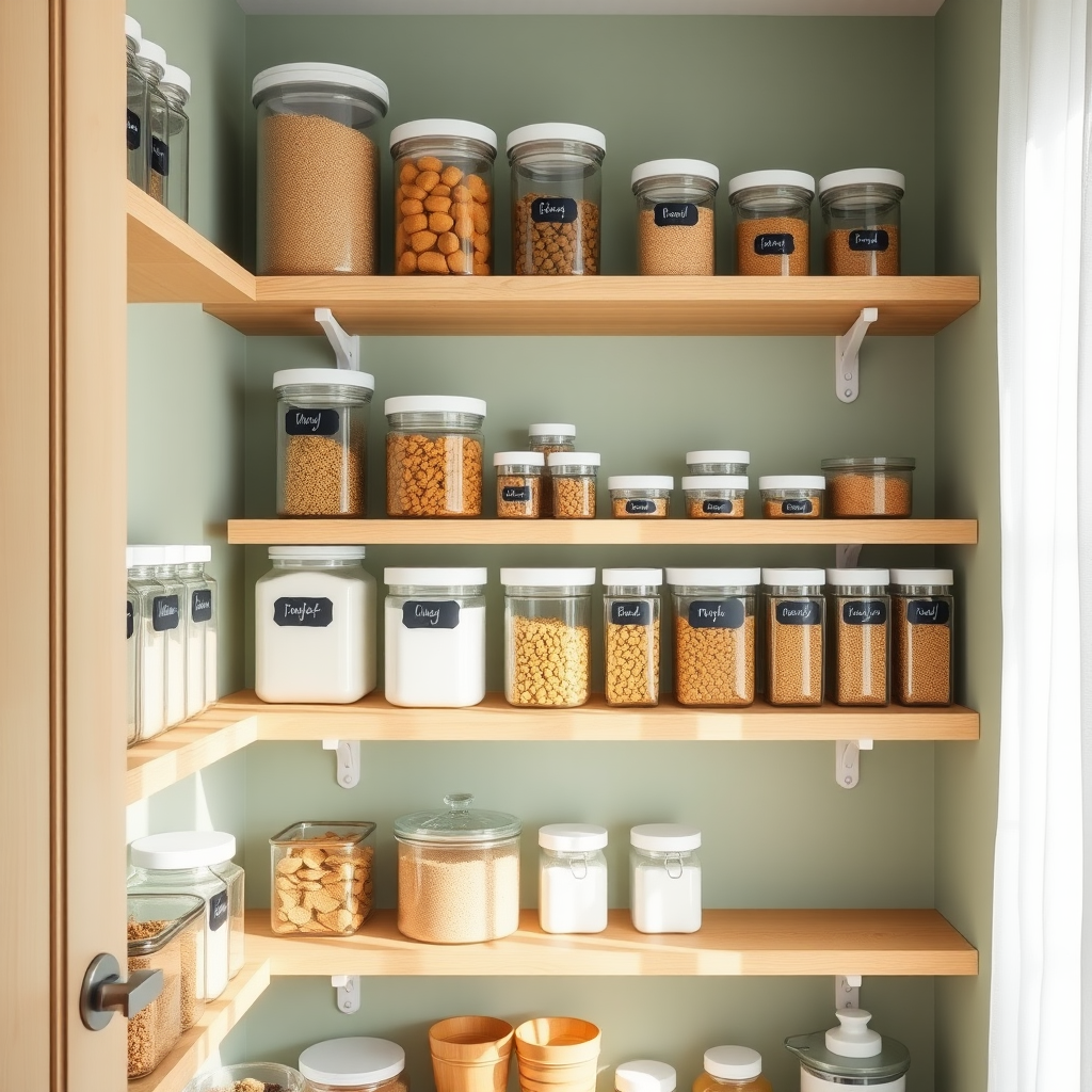 A beautifully organized pantry with clear glass jars and sage green walls