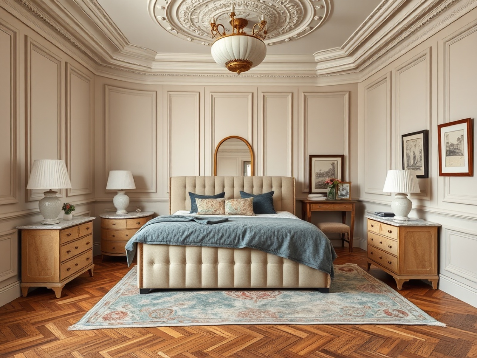 Silhouette Parisian bedroom with tailored umber and cream